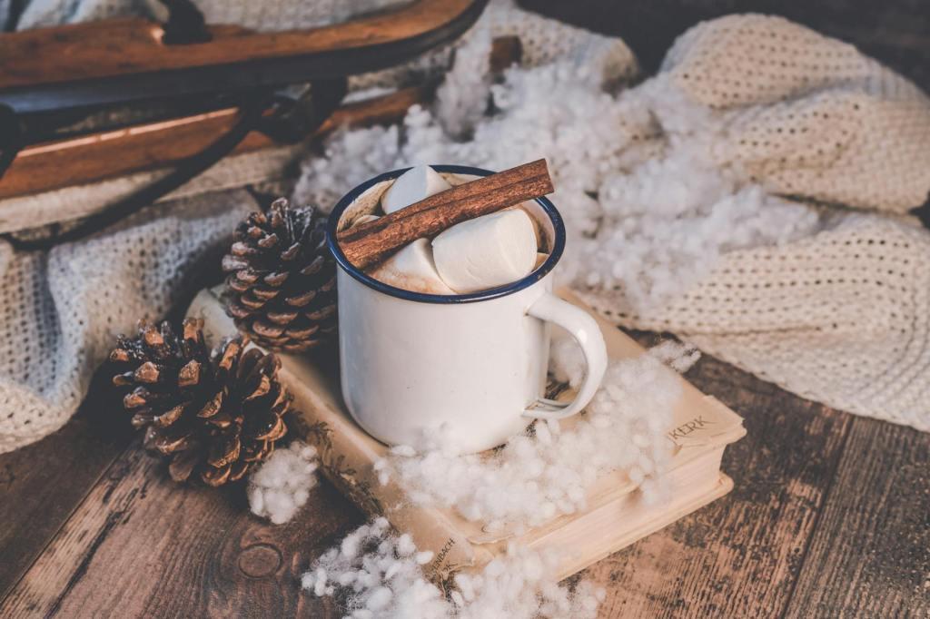 a cup of hot chocolate with marshmallow on top of a book next to a blanket