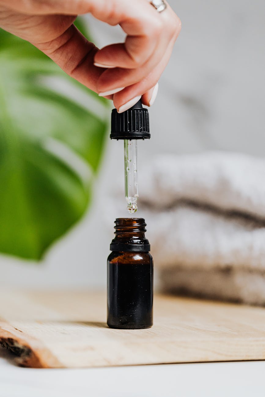 High-quality essential oils in dark glass bottles