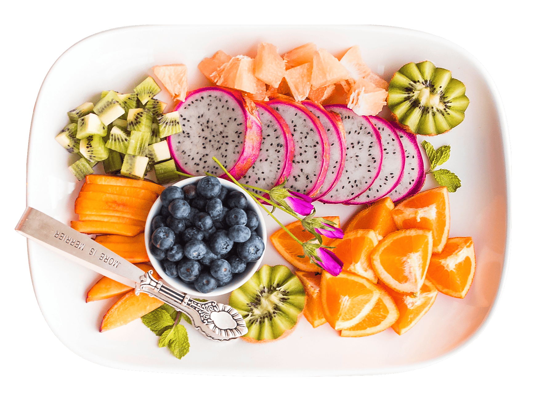 vitamin high foods such as kiwi, peaches, blueberries, oranges, dragon fruit