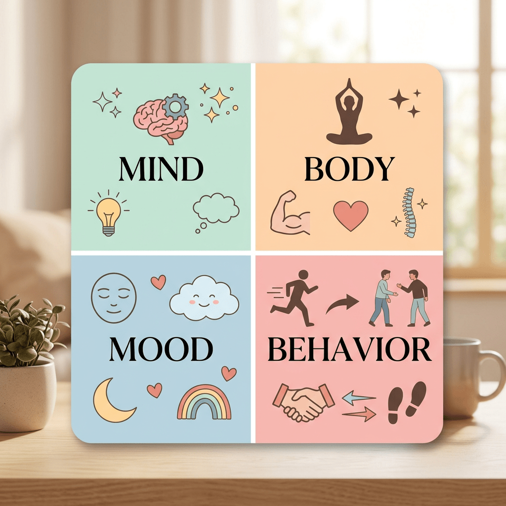 Infographic with sections labeled Mind, Body, Mood, and Behavior, each with related icons.